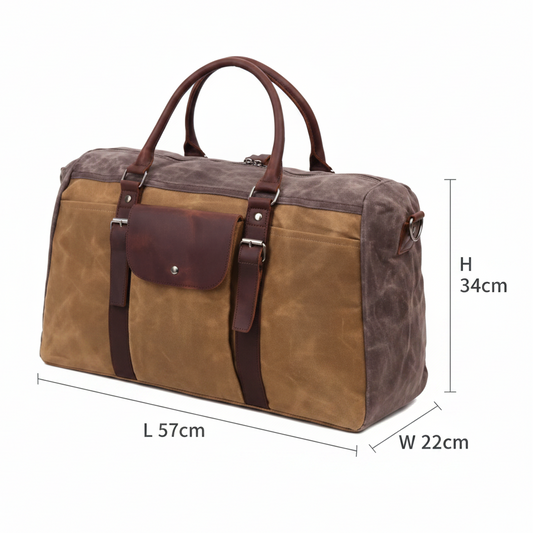 Vivace Travel Bag: Prestige Coffee Two-Tone Waxed Canvas Duffel with Genuine Leather Trim SIZE