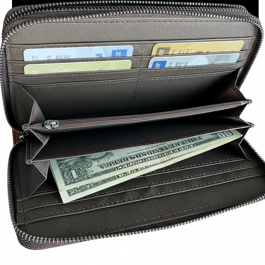 Vivace Wallet: Large Chestnut BROWN Double Zipped Organiser with Horse detailing DEMO