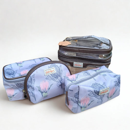 Cotton Road 4-Piece Vanity Set: BLUE GREY PVC Cosmetic Bag Set with PROTEAS