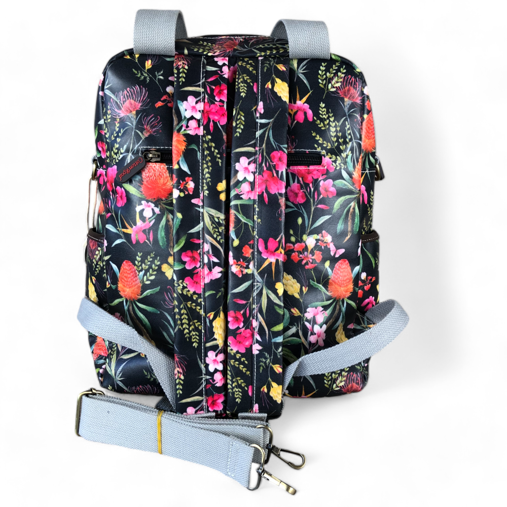 Cotton Road Backpack : BLACK FLORAL PVC Handbag/Backpack with TWIN HANDLES