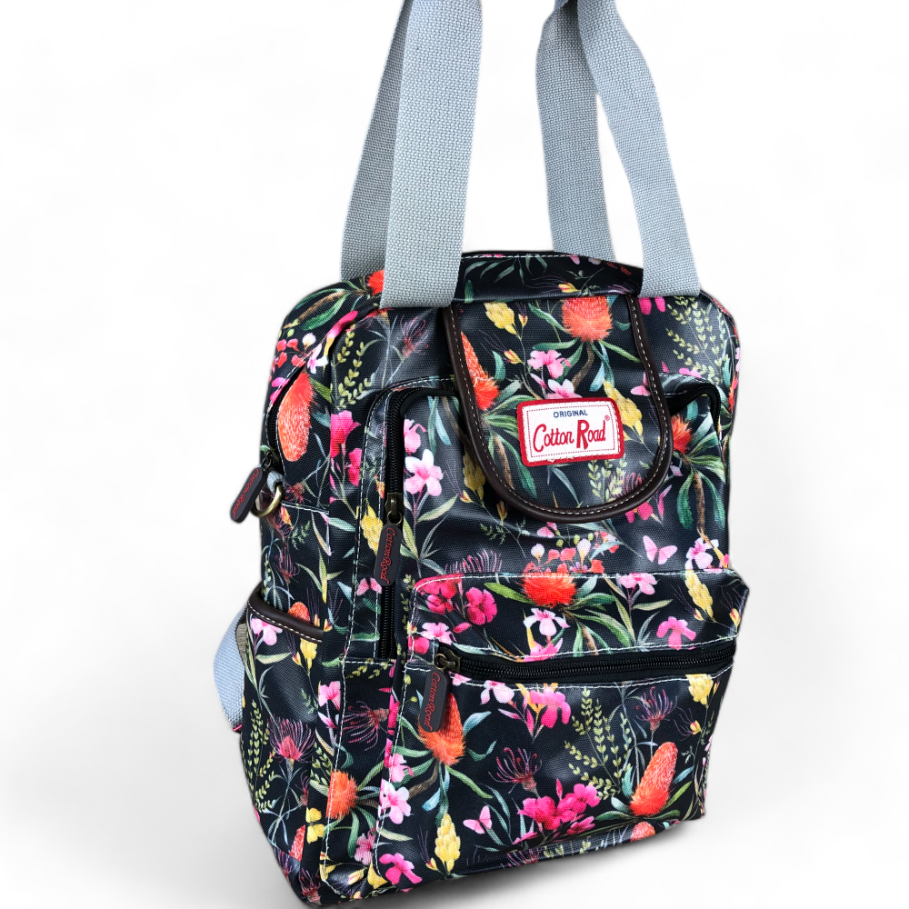 Cotton Road Backpack : BLACK FLORAL PVC Handbag/Backpack with TWIN HANDLES