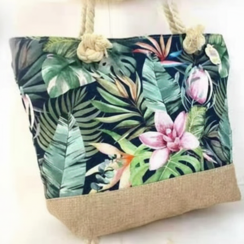 Cotton Road Beach Bag: Canvas GREEN FLORAL Bag with HESSIAN detailing.