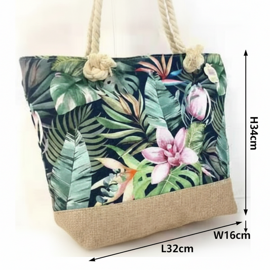 Cotton Road Beach Bag: Canvas GREEN FLORAL Bag with HESSIAN detailing. SIZED
