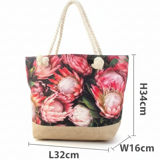 Cotton Road Beach Bag: Canvas RED PROTEA Bag with HESSIAN detailing SIZED