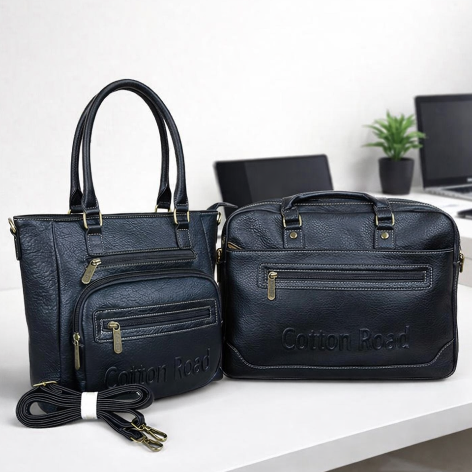 Cotton Road black PU leather 2-piece handbag and laptop bag bundle on office desk setup