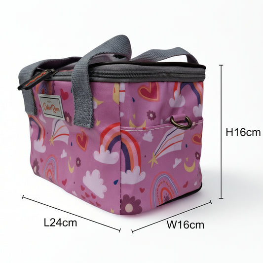 Cotton Road Kids Cooler Bag: PINK PVC Insulated Lunch Box with Rainbows, Flowers & Hearts