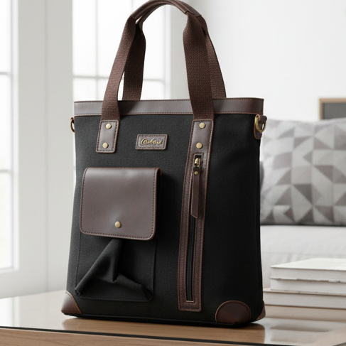Cotton Road Messenger Tote Bag: BLACK CANVAS with Leather Trim and Adjustable Sling