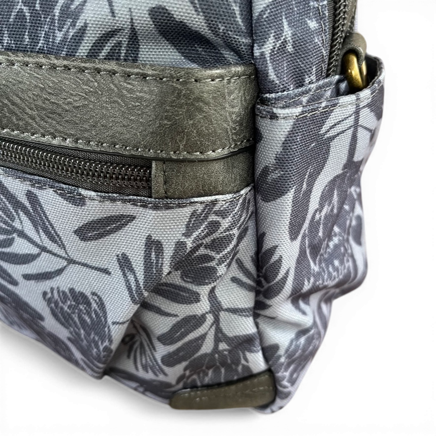 Cotton Road Handbag: BLUE/GREY Canvas Handbag with PU Leather Trim and PROTEA Print