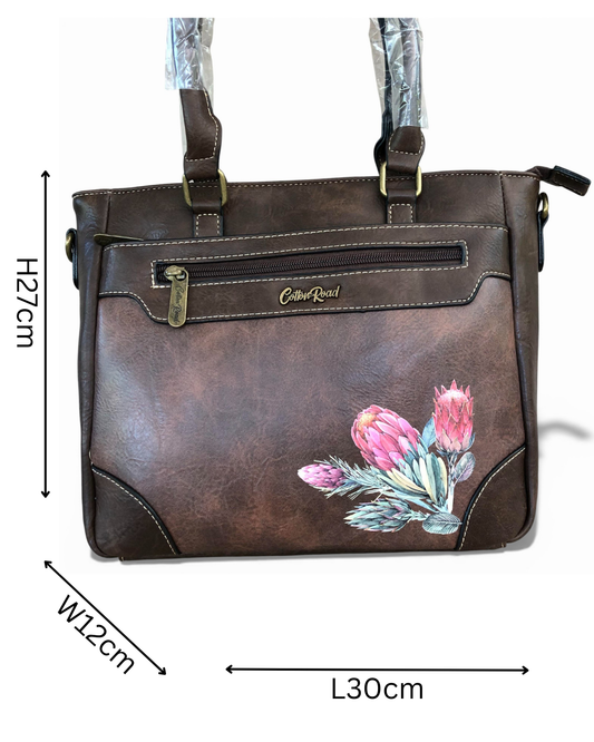 Cotton Road brown PU leather protea handbag, front view WITH DIMENSIONS
