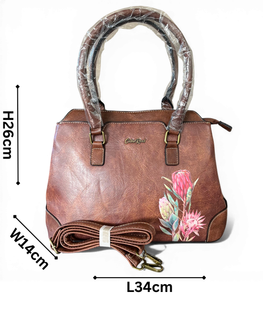 Brown PU Leather Cotton Road Handbag with Protea design and adjustable strap SIZED