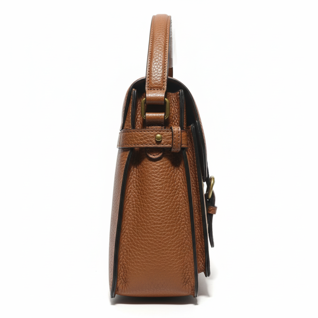 Cotton Road Handbag: BROWN PU Soft Leather Medium Handbag with BRANDED sling SIDE VIEW