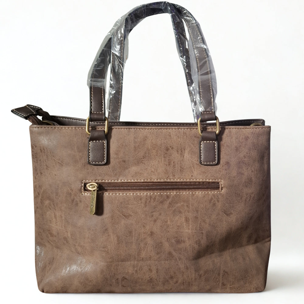 Cotton Road Handbag: COFFEE BROWN PU Leather Double Compartment Handbag with EMBOSSED Protea BACK