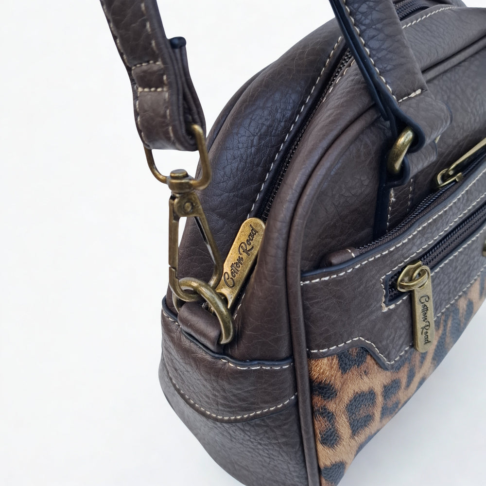 Cotton Road Handbag: COFFEE BROWN PU Leather Handbag with LEOPARD PRINT Panel