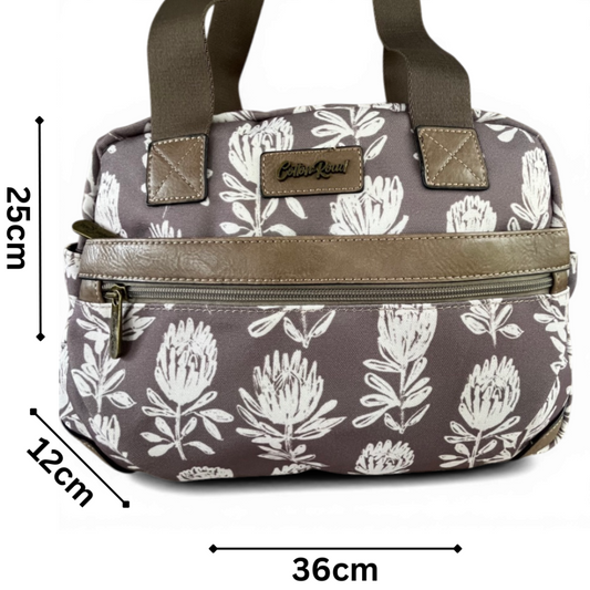 Cotton Road Handbag: KHAKI/BROWN Canvas with PU Leather Trim and PROTEA Print