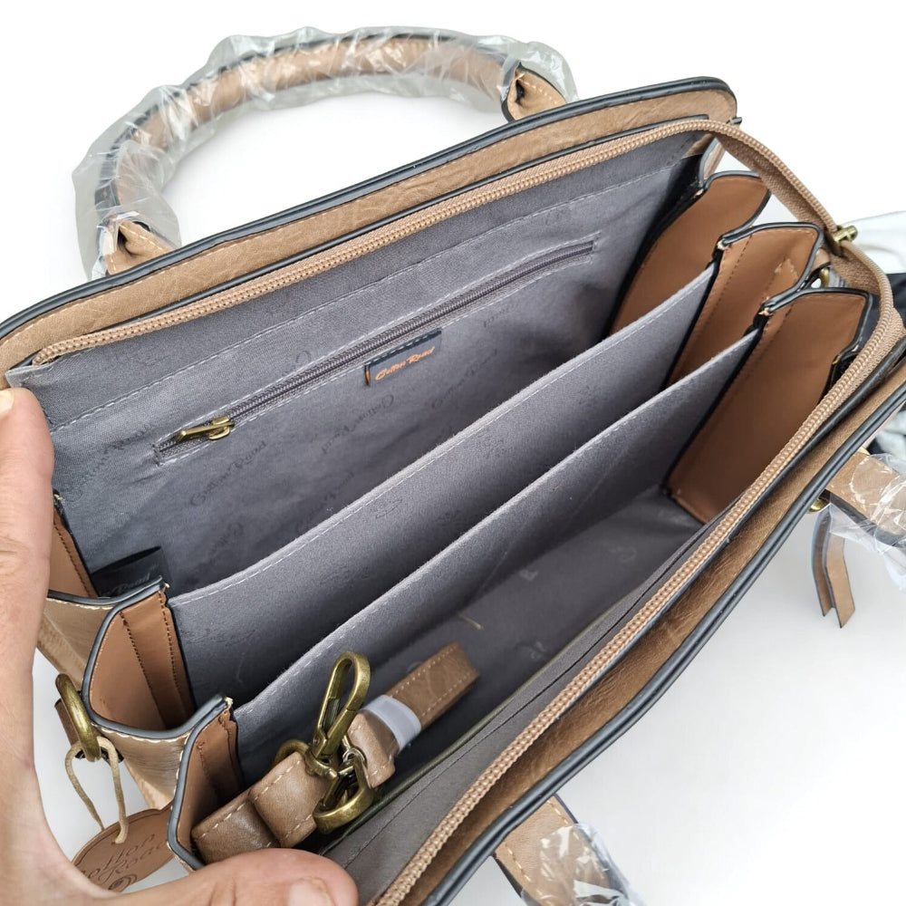 COTTON ROAD HANDBAG: KHAKI MEDIUM PU LEATHER CLASSIC HANDBAG WITH SLING