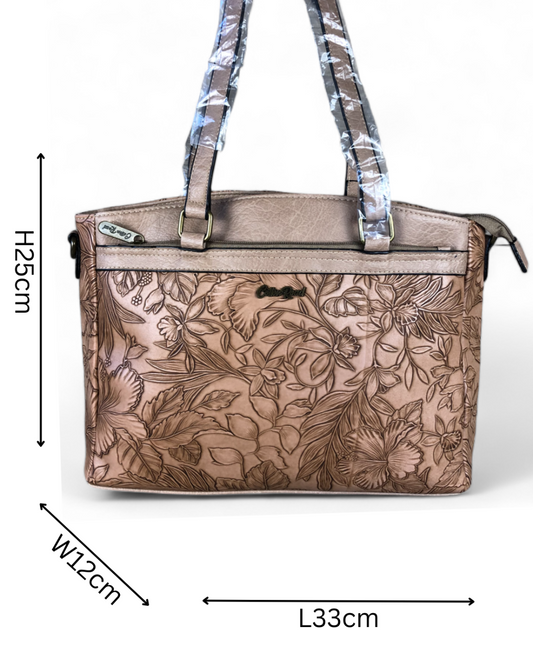 Cotton Road Handbag: KHAKI PU Leather Handbag with EMBOSSED FLOWERS