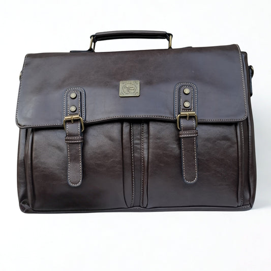 Cotton Road Laptop Bag: Large COFFEE PU Leather Laptop Bag with handle and STRAP detailing