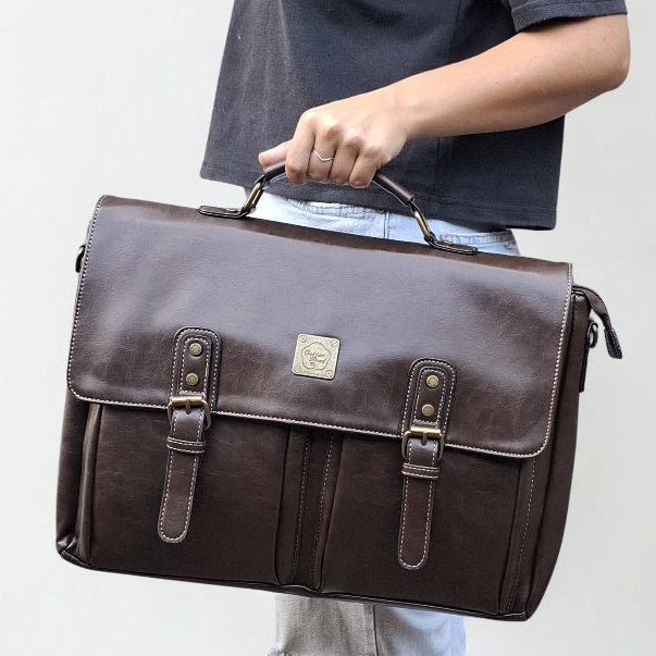 Cotton Road Laptop Bag: Large COFFEE PU Leather Laptop Bag with handle and STRAP detailing