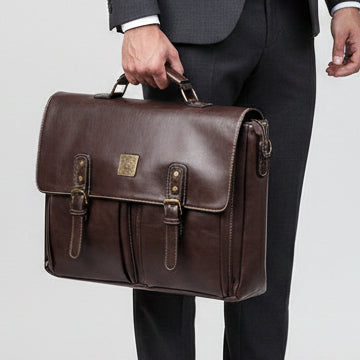 Cotton Road Laptop Bag: Large COFFEE PU Leather Laptop Bag with handle and STRAP detailing