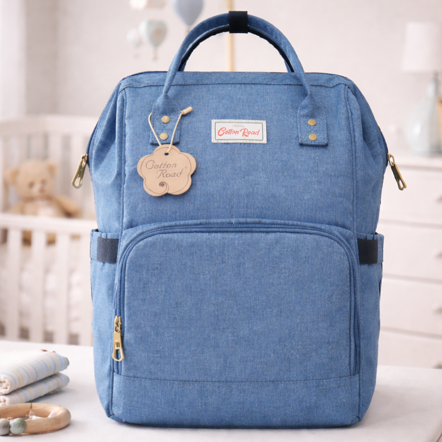 Cotton Road Nappy Bag: BLUE Canvas BABY BACKPACK with TWIN Handles