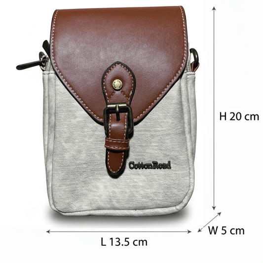 Cotton Road Sling Bag: BEIGE PU Leather Sling Bag with Closure Clip SIZE