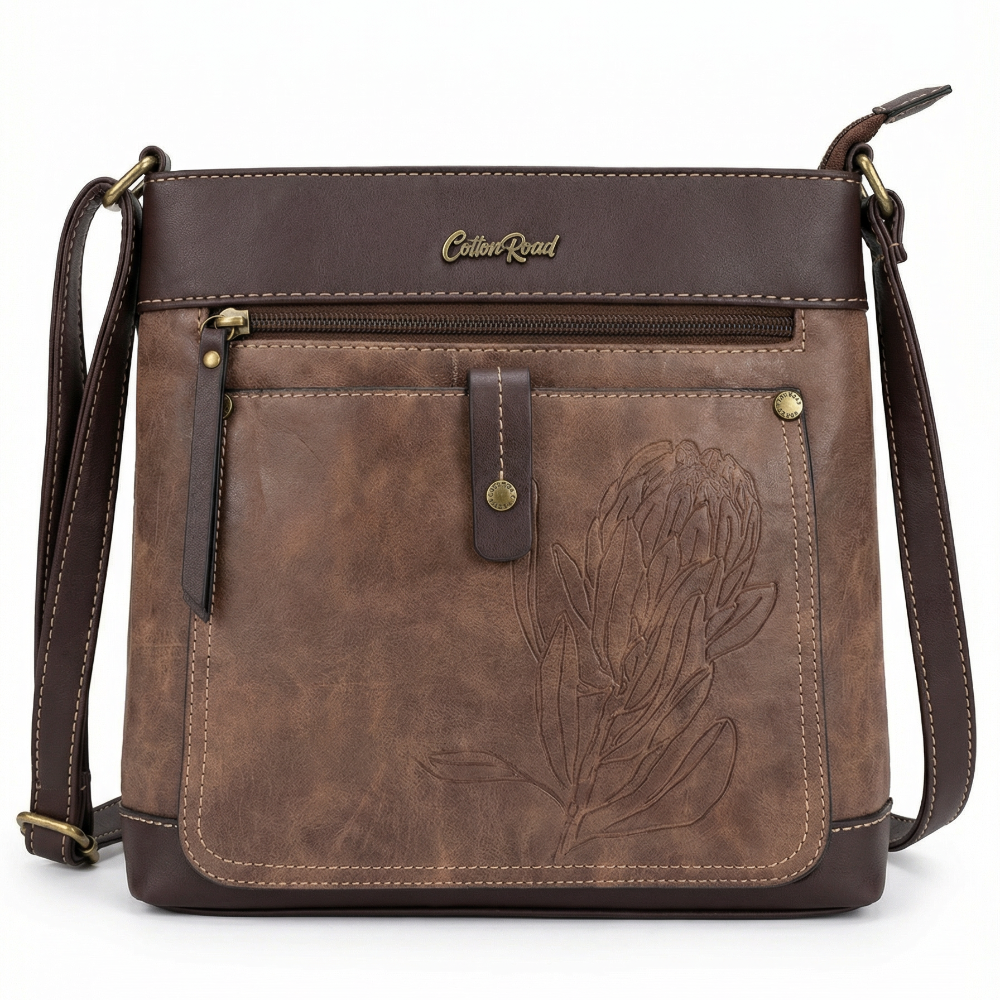 Cotton Road Sling Bag: COFFEE BROWN PU Leather Sling Bag with Embossed Protea FRONT