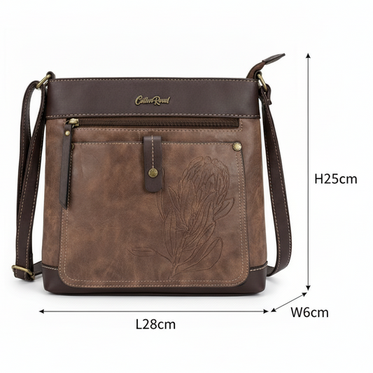 Cotton Road Sling Bag: COFFEE BROWN PU Leather Sling Bag with Embossed Protea SIZES
