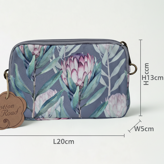 Cotton Road Sling Bag: GREY GREEN Canvas Mini Sling Bag with PROTEA