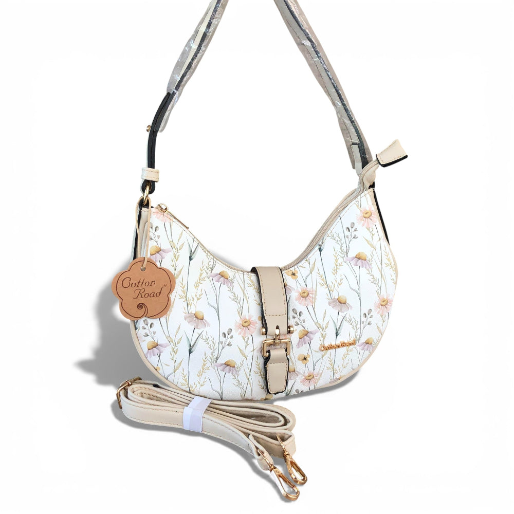 Cotton Road Sling Bag: IVORY FLORAL PU Leather Sling Bag with Shoulder Strap
