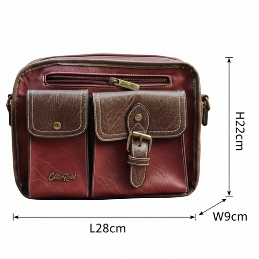 Cotton Road Sling Bag: RED PU Leather Bag with BROWN Trim and Buckle detailing SIZED