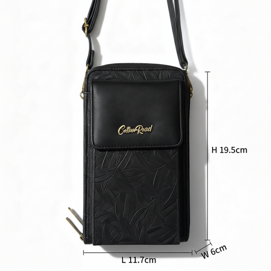 Cotton Road Sling Wallet: BLACK PU Leather Cellphone Sling Wallet with EMBOSSED leaf pattern SIZED