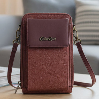 Cotton Road Sling Wallet: BROWN PU Leather Cellphone Sling Wallet with EMBOSSED leaf pattern