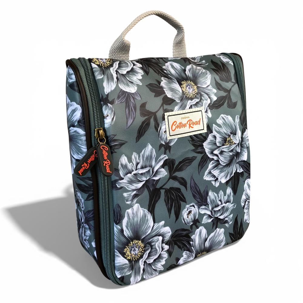 Cotton Road Toiletry Bag: GREEN FLORAL PVC Hanging Vanity Bag