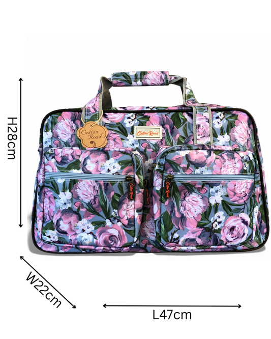 Cotton Road Travel Bag: BLUE PVC Overnight Travel Bag with PINK PURPLE FLOWERS with sizes