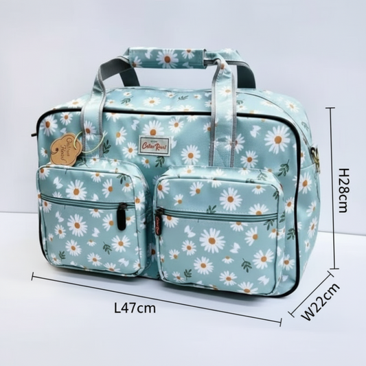 Cotton Road Travel Bag: LIGHT BLUE/ GREEN PVC Overnight Bag with DAISIES
