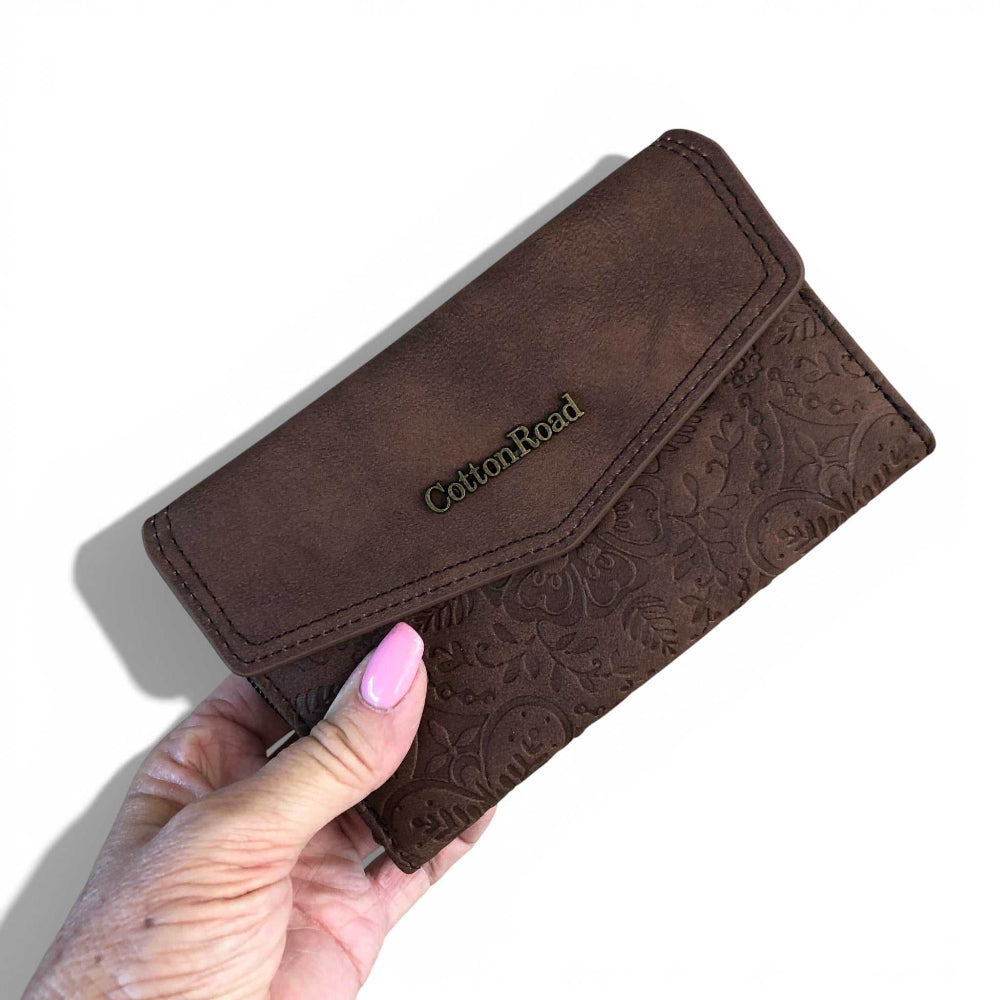 Dark brown Cotton Road Wallet with embossed PU leather, multiple card slots, zippered coin pouch, and compact design for travelers