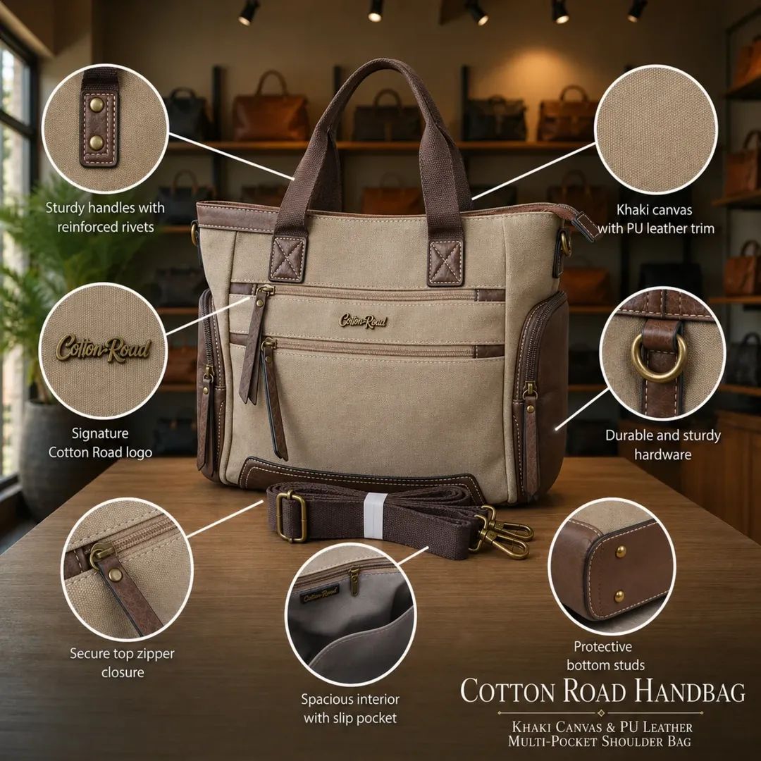 Cotton Road Handbag: KHAKI Canvas & PU Leather Multi-pocket Shoulder Bag