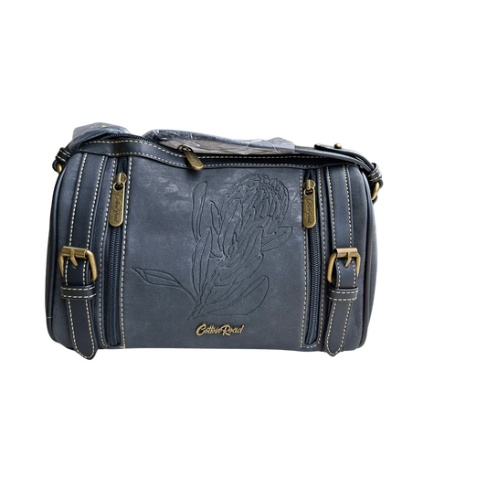 Cotton Road Sling Bag: BLACK PU Leather with Embossed PROTEA and BRANDED Strap