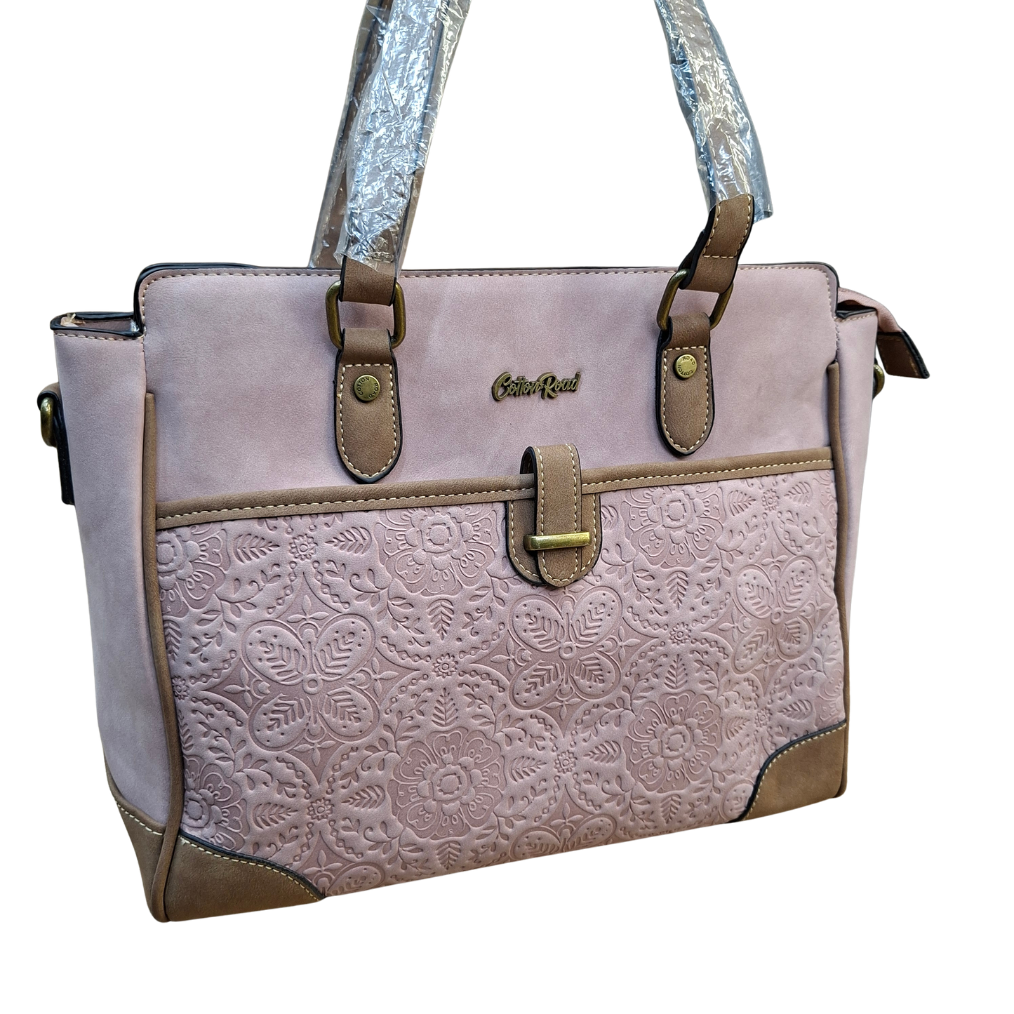 Cotton Road Handbag: PINK PU Leather with Embossed Pattern