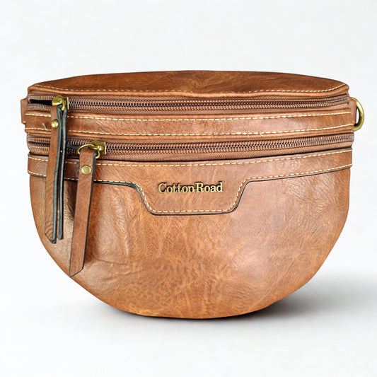 Cotton Road Sling Bag: BROWN PU Leather Crossbody Bag with Woven Strap