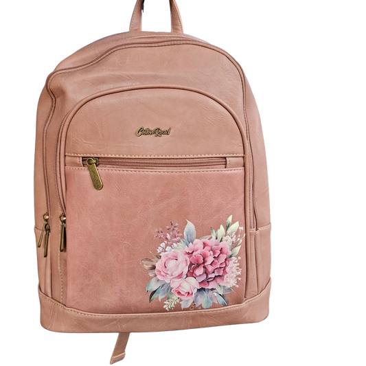 Cotton Road Backpack: PINK Floral PU Leather Multi-compartment Laptop Backpack