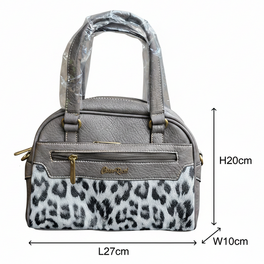 Cotton Road Handbag: GREY PU Leather Handbag with LEOPARD PRINT Panel