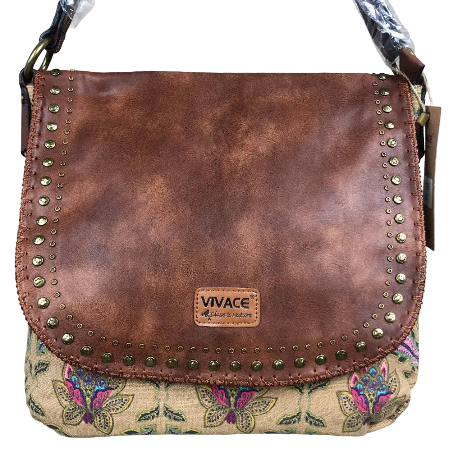 Vivace Canvas Handbag: BEIGE Multicolor Canvas Handbag with PU LEATHER Flap