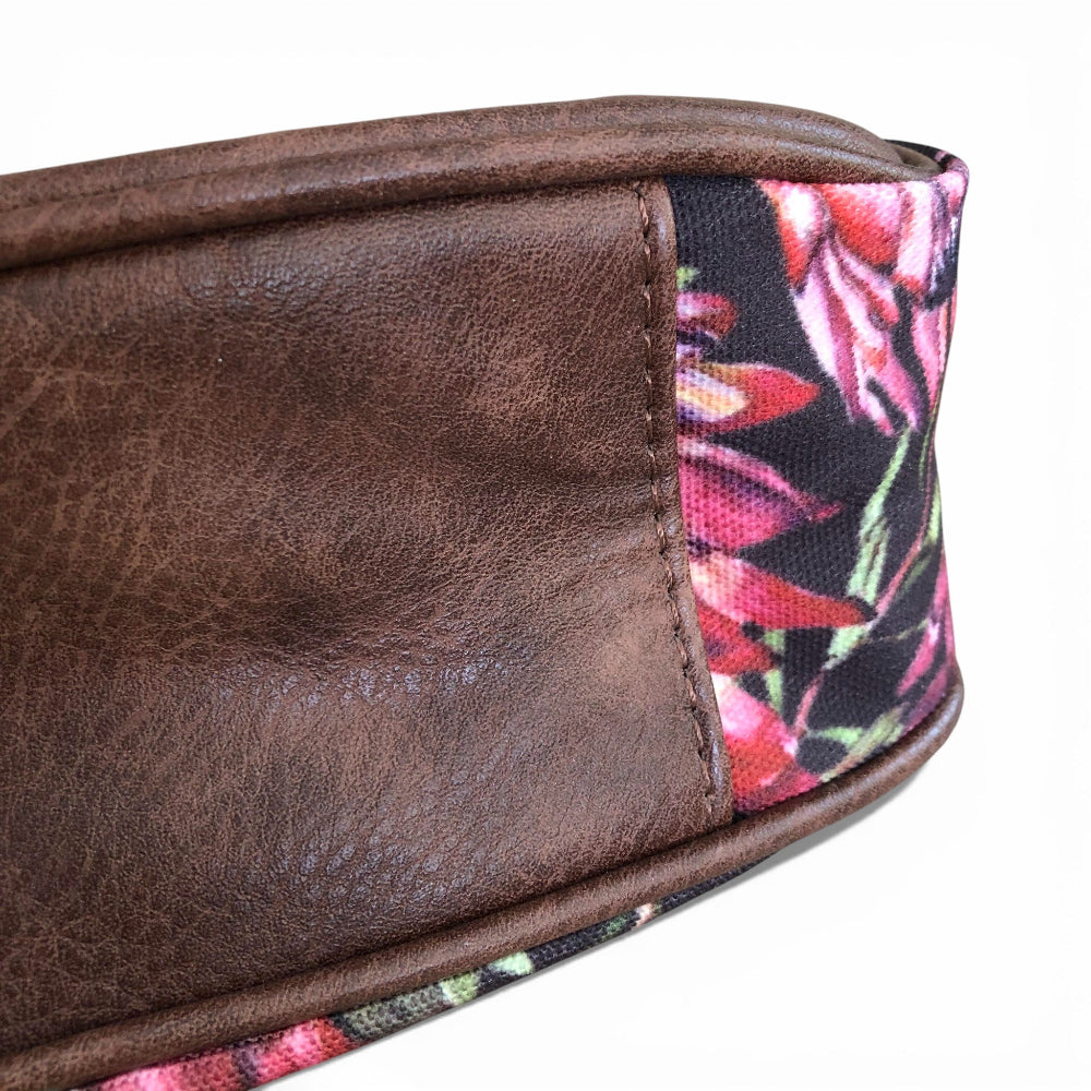 VIVACE Handbag: BLACK Canvas Handbag with BROWN PU Leather Trim and PROTEA design