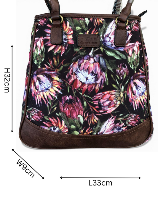 VIVACE Handbag: BLACK Canvas Handbag with BROWN PU Leather Trim and PROTEA design