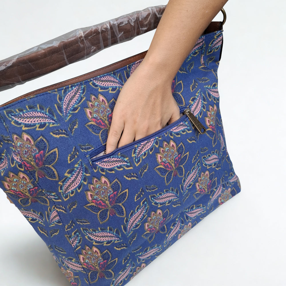 VIVACE Handbag: BLUE Canvas Handbag with MULTICOLOUR FLOWERS and BROWN PU Leather Trim