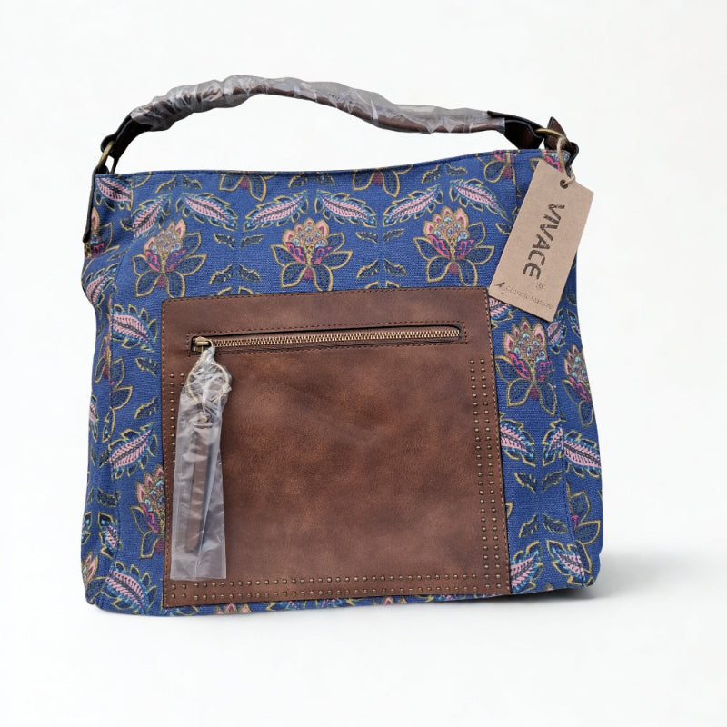 VIVACE Handbag: BLUE Canvas Handbag with MULTICOLOUR FLOWERS and BROWN PU Leather Trim FRONT