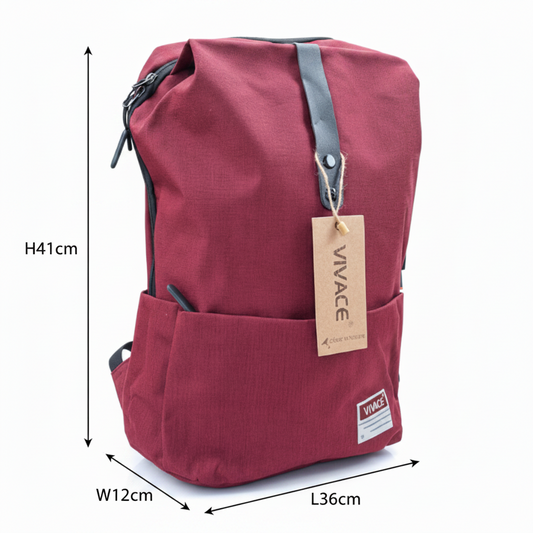 Red backpack with a 'Vivace' tag on a white background