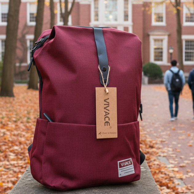 Red backpack with 'Vivace' tag on a stone ledge in an outdoor setting with people and buildings in the background.