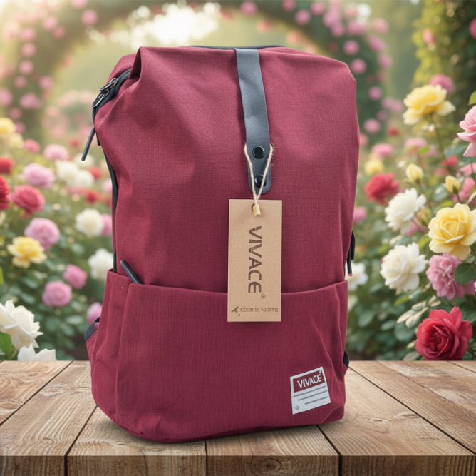 Red backpack with a 'Vivace' tag on a wooden surface with a floral background